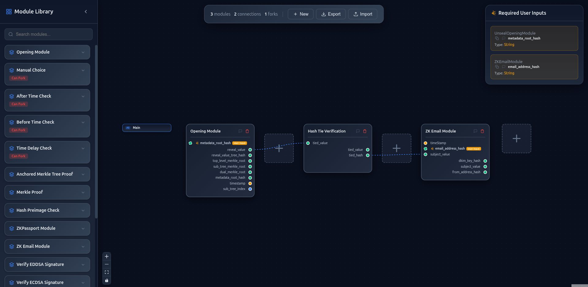 The Nihilium condition editor: a module library on the left, a canvas wiring an Opening Module into Hash Tie Verification into a ZK Email Module, and a Required User Inputs panel on the right.